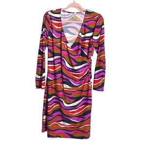 Jude Connally‎ Catalina Cloth sz LG Colorful Waves Faux Wrap Long Sleeve Dress